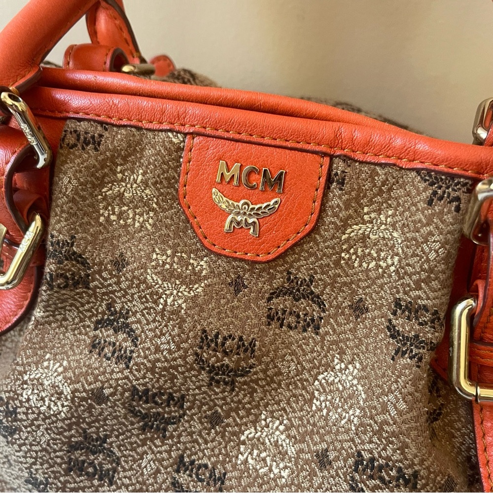 MCM Visetos Monogram Canvas Leather Orange Large Tote Bag Crossbody Zip Top - Picture 2 of 6